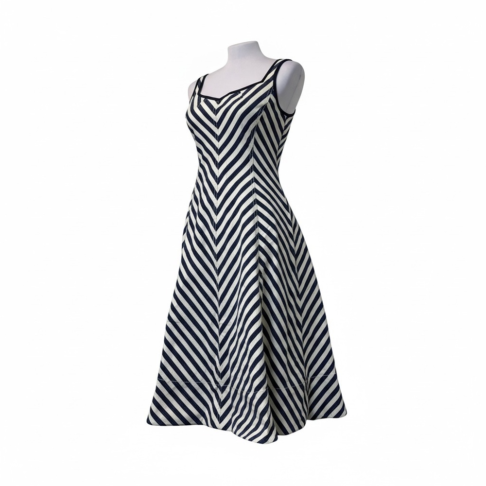Talbots Chevron Stripe Sundress Blue White Coastal Shoreline Fit & Flare Midi